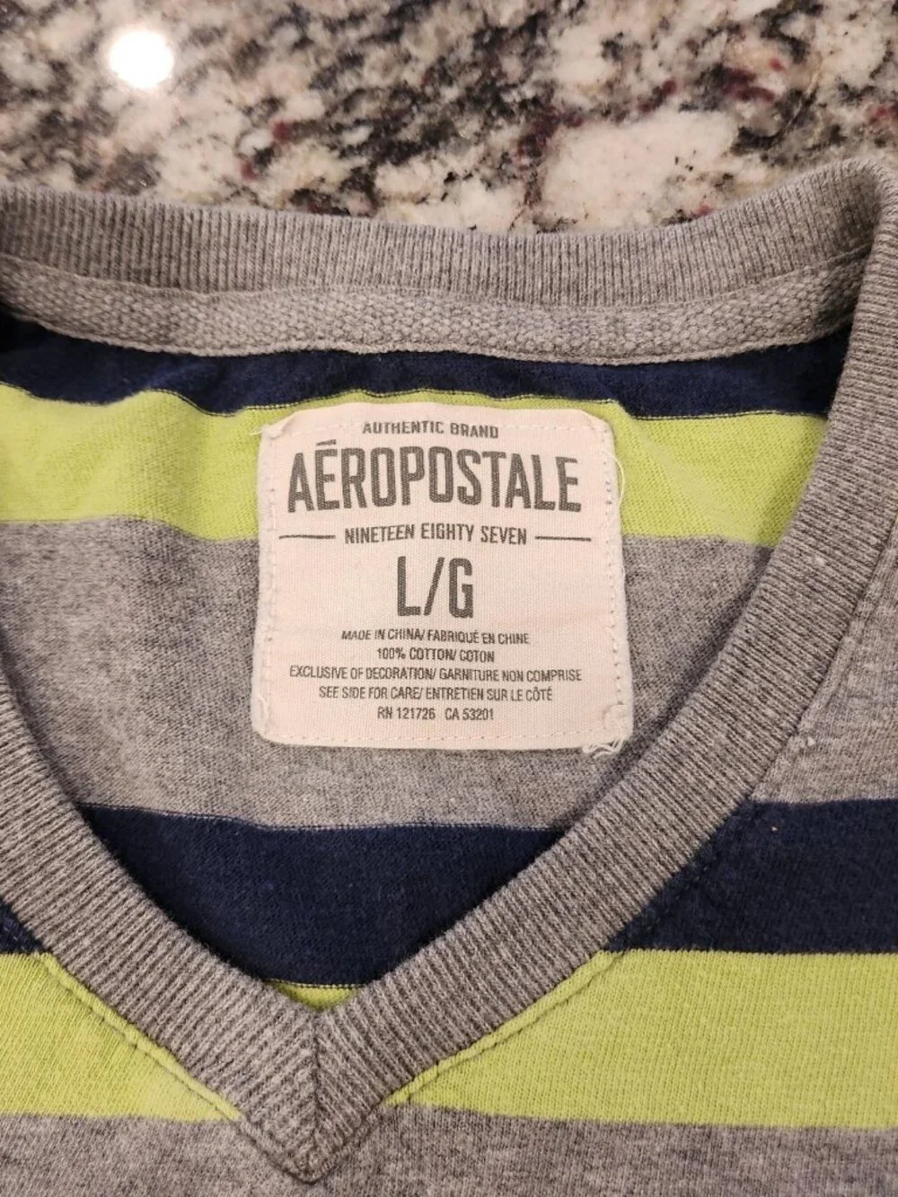 Aeropostale T Shirt Men's L A87 Patch Logo Blue Green Gray Stripe V-Neck Tee EUC - Picture 5 of 5